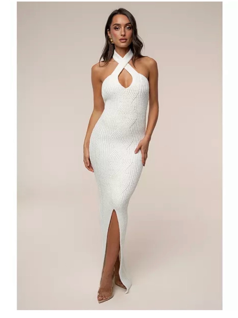 Jluxlabel Cortado ribbed Ivory Halter Knit Maxi Dress with Front Slit size small